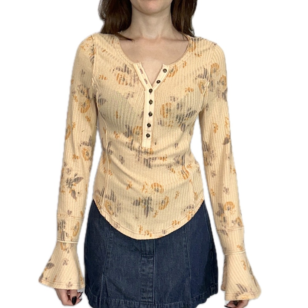 Free People Henley Floral Ribbed Bell Sleeve Top Small Peach Boho